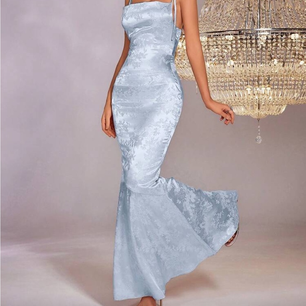 Backless Crisscross Tie Up Jacquard Satin Long Dress